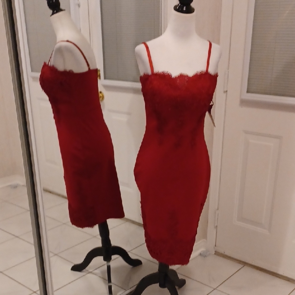 2/$70 New Red Sheath Dress With Lace & Spaghetti Straps - Size Medium